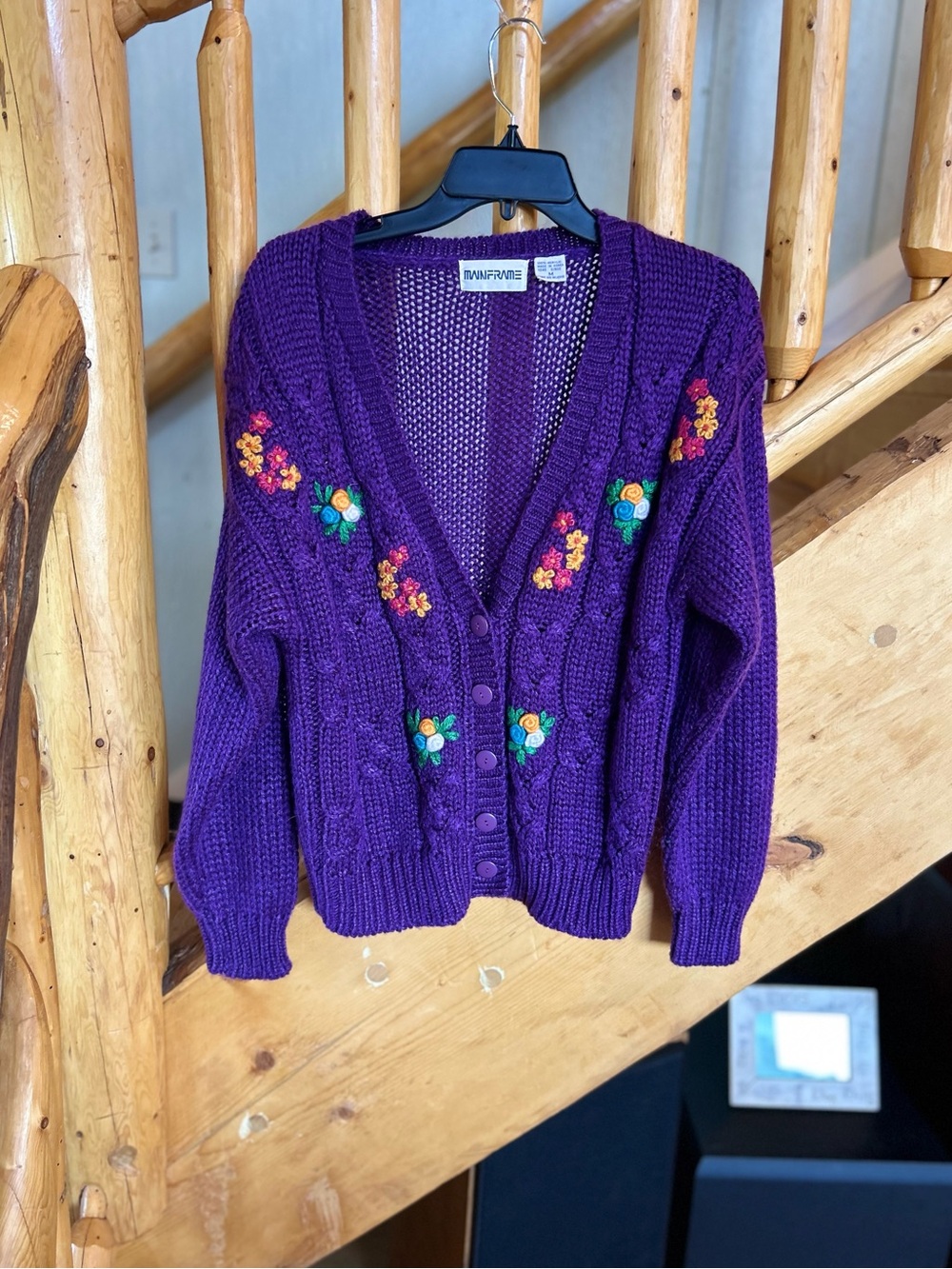 Vintage Style Purple Floral Knit Button-Front Cardigan Sweater